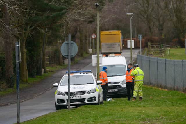 Police in Morpeth on Thursday after water board workers discovered human remains in a wooded area near Cottingwood Lane.
