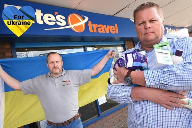 Tate's Travel part owner Lee Tate and Gardiners Holidays Managing Director Adrian Smith getting set for their mercy mission to relocate Ukrainian refugee families.