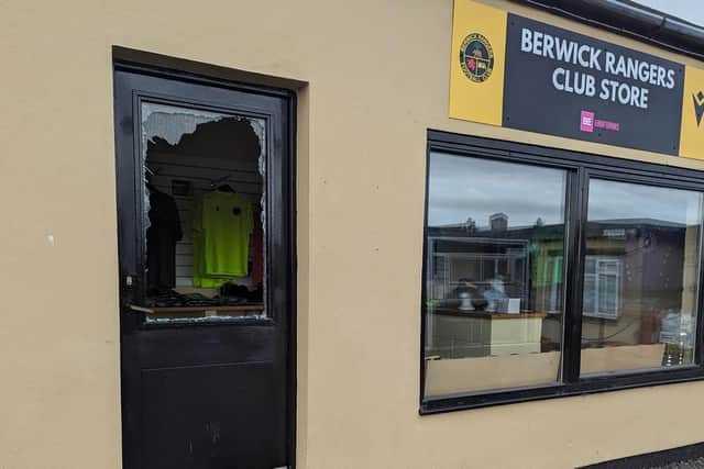 Smashed glass at the club shop. Picture: Berwick Rangers