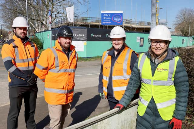 Sara Armstrong, Project Manager at Karbon Homes, on site at the new Athol House development with (right to left) Louise Buckton, New Build Director at EQUANS, Gary Hall, Project Manager at EQUANS and Shaun Sinclair, Project Manager at Hall and Partners. Picture by Helen Smith Photography.