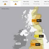 This Met Office graphic shows the areas covered by the yellow and amber weather warnings for heavy rain.