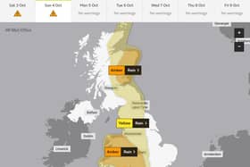 This Met Office graphic shows the areas covered by the yellow and amber weather warnings for heavy rain.