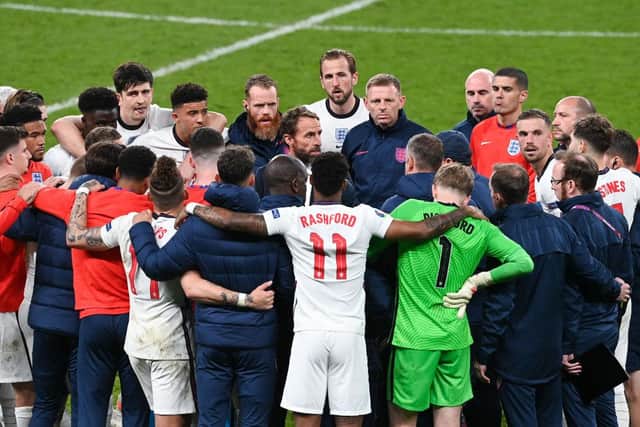Gareth Southgate, Head Coach of England speaks to his players and staff at Wembley during the Euro 2020 final. Picture: Facundo Arrizabalaga - Pool/Getty Images.