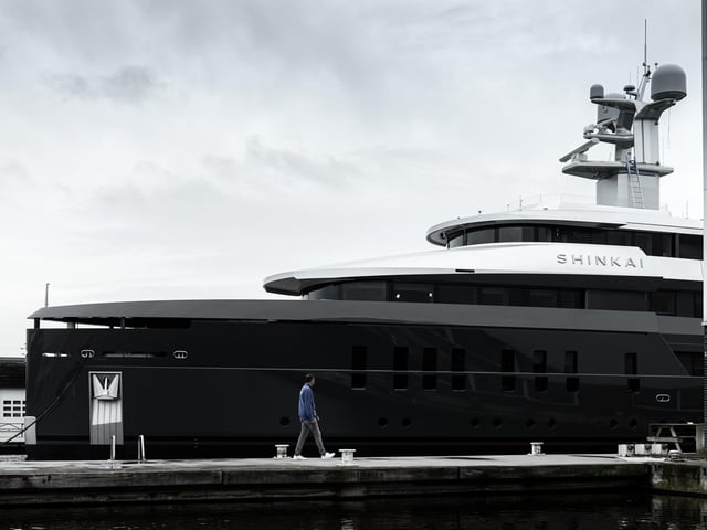 Below is an open observation deck, the uppermost enclosed deck contains the wheelhouse and captain’s cabin, while below is the owner’s deck featuring a full-beam dining room, two impressive suites and his and hers offices that provide panoramic views forward. Two spacious guest suites and two twin-bed children’s suites are located on the main deck together with the main saloon. Excluding the engine and gyro rooms, the crew have the lower deck to themselves, with seven cabins, a large mess room, laundry and galley.