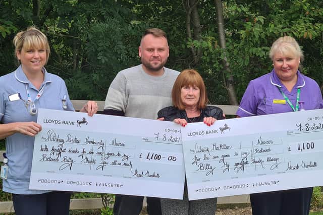 Tracey Taylor, Cllr Steven Bridget, Hazel Turnbull and Karen Richardson at the presentation of charitable cheques.