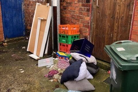 An example of the rubbish and fly tipped mess in the back lanes of Victoria Terrace, Whitley Bay. (Photo by LDRS)