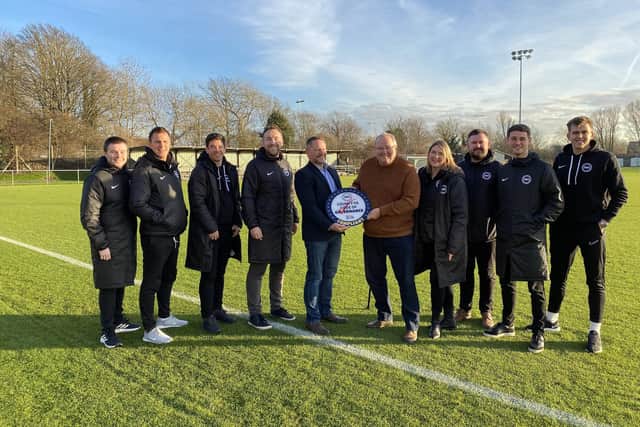 Tim Foster, head of operations at The FA, presents the Code of Governance plaque to Northumberland FA staff and board. (Photo by Northumberland FA)
