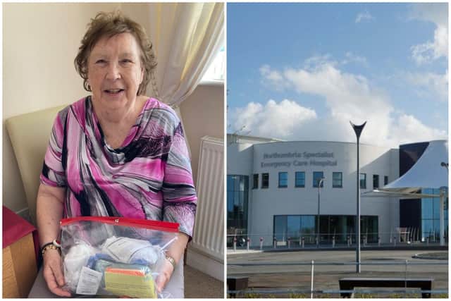 Ann Dunn with one of the toiletries packs she handed out and right, the county's new hospital in Cramlington.