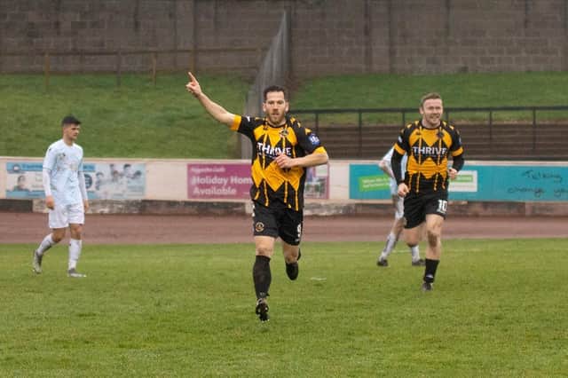 Liam Buchanan celebrates his goal against Open Goal Broomhill. Picture: Alan Bell