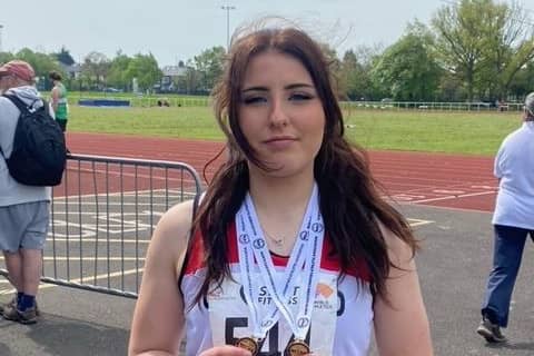 Leila Thompson with her medals after winning at the North East Track and Field Championships. Picture: Jackie Thompson