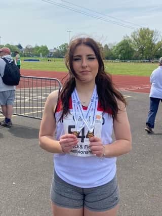 Leila Thompson with her medals after winning at the North East Track and Field Championships. Picture: Jackie Thompson