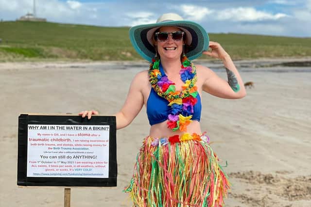 Gill Castle in her Hawaiian themed costume for her last open water swim.