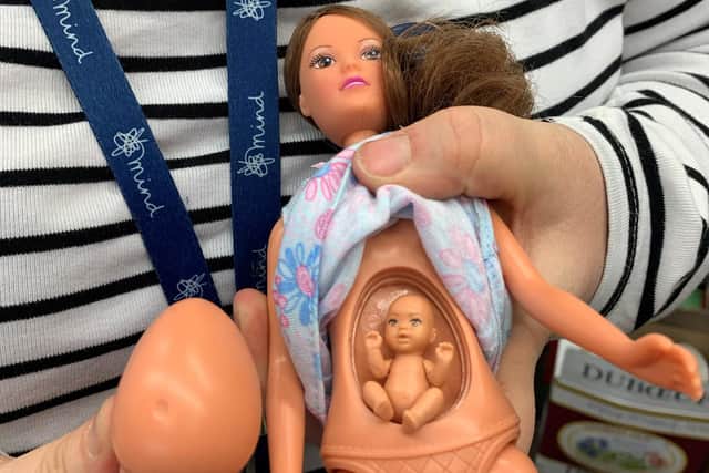 A pregnant doll donated to Alnwick Mind.