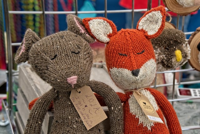 Knitted exhibits in the craft tent.