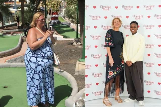 Julie Clark before her weight loss and after with Nicola Adams.