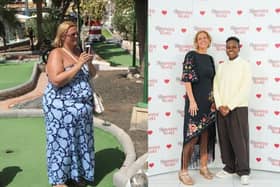 Julie Clark before her weight loss and after with Nicola Adams.