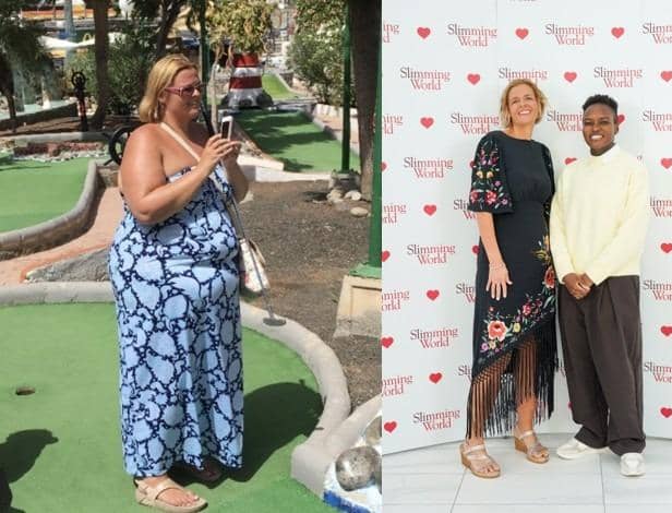 Julie Clark before her weight loss and after with Nicola Adams.