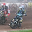 Jamie Halder (blue) is promoted to the main Bullets team this weekend. He is pictured racing Nathan Ablitt and Greg Blair last Saturday. Picture by Nia Martin.