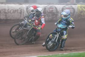 Jamie Halder (blue) is promoted to the main Bullets team this weekend. He is pictured racing Nathan Ablitt and Greg Blair last Saturday. Picture by Nia Martin.