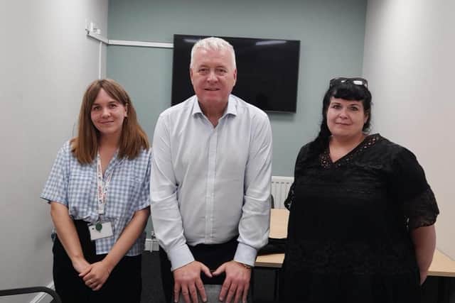From left, project officer at UK Youth Jess Sansom, Wansbeck MP Ian Lavery, and Pride Action North charity manager Angela Brudenell. (Photo by Pride Action North)