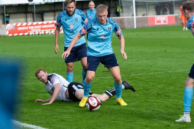 Will Jenkins recovers possession for Morpeth Town at Bamber Bridge. Picture: Michael Briggs