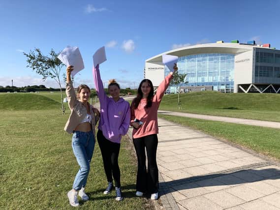 Monkseaton High School pupils Eve, Jenny and Imogen celebrate their A-Level results.