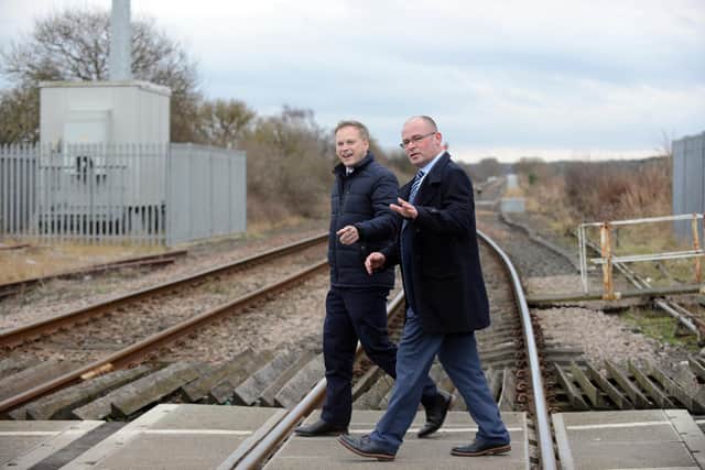 Transport Secretary Grant Shapps visits the Newsham South rail crossing with Blyth Valley MP Ian Levy (right)