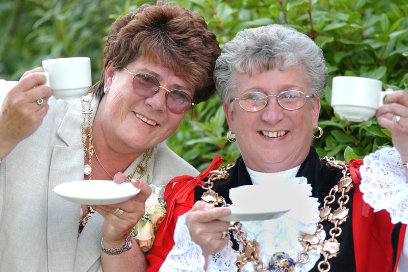 Mayor and Mayoress of Blyth, Councillors Kath Nisbet and Margaret Rochester sharing a cuppa at Margaret's 'At Home' ceremony.