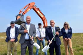 Northumberland Council Leader Coun Glen Sanderson (front right) and Ian Lavery MP for Wansbeck with Britishvolt CEO founder Orral Nadjari, UK CEO Chair Peter Rolton and Chief Strategy Officer Isobel Sheldon OBE at the UK's first full scale gigaplant facility ground ceremony in Northumberland.