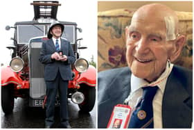 Joe Dixon celebrating his 100th birthday, when he was invited to sit in a 1937 Leyland Cub fire engine at TWFRS headquarters.