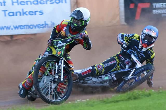 Berwick Bullet Danny Phillips hits the deck behind Perry Max of Leicester Cubs. Picture: Keith Hamblin