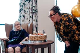Valerie Brisbane and Bay View House administrator Suzanne Hughes do the birthday honours.