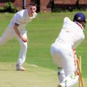 Ashington firsts' opening bowler, Matty Collins, bowls Benwell Hill batsman Haydon Mustard. Picture: Steve Graham Sports Photos