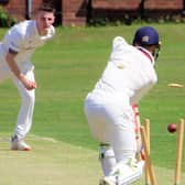 Ashington firsts' opening bowler, Matty Collins, bowls Benwell Hill batsman Haydon Mustard. Picture: Steve Graham Sports Photos