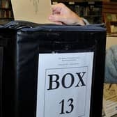 A ballot box and voting slip.