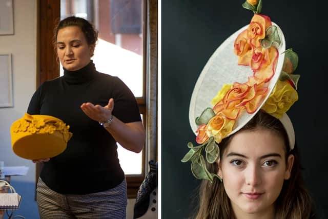 Iliana Hristova, left, pictured with one of her hats during a talk and a model wearing one of Iliana's competition entries.