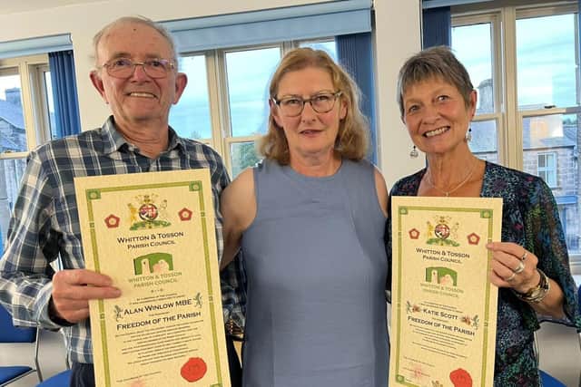 Alan Winlow and Katie Scott receiving their awards from Hilary Dunn, chair of Whitton & Tosson Parish Council.