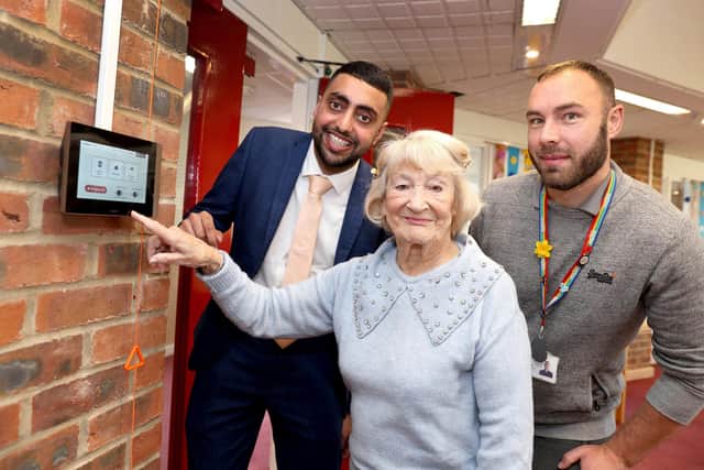 Sultan Khan from PPP Taking Care with Park View resident Vicky Kinghorn and Tony Jeavons, Karbon Homes Supported Housing Alarms and Telecare Coordinator.
