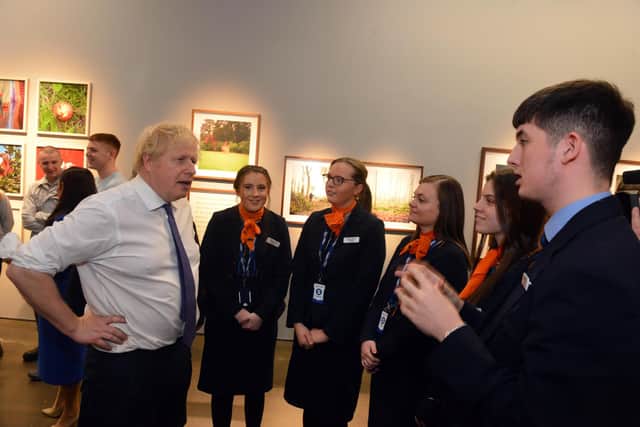 PM Boris Johnson Cabinet meets Hays Travel apprenticeship student at the National Glass Centre during his visit to the region in January.