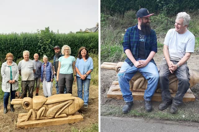 The installation team of Friends of Castle Parks, Parks Officer Kate Dixon and David Gross and Mark Fox of Tyne Housing Engagement and Progression Team, and David and Mark on the grasshopper sculpture.