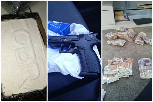 The NCA seized a gun from Derrane's van when he was arrested in Leeds in 2020. £6,000 was also found. 
The picture of drugs was taken from Encrochat message exchange.