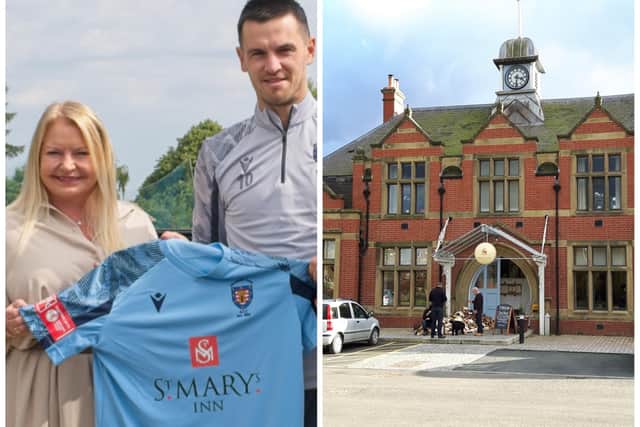 Annette Sadler, manager at St Mary's Inn, display the new shirt sponsorship with Morpeth Town midfielder Ryan Donaldson. Picture: George Davidson