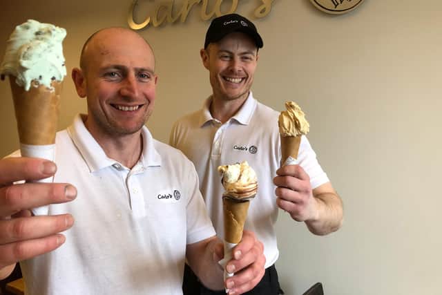 Andy Watt and Adam Alexander celebrate the launch of Carlo's ice cream.