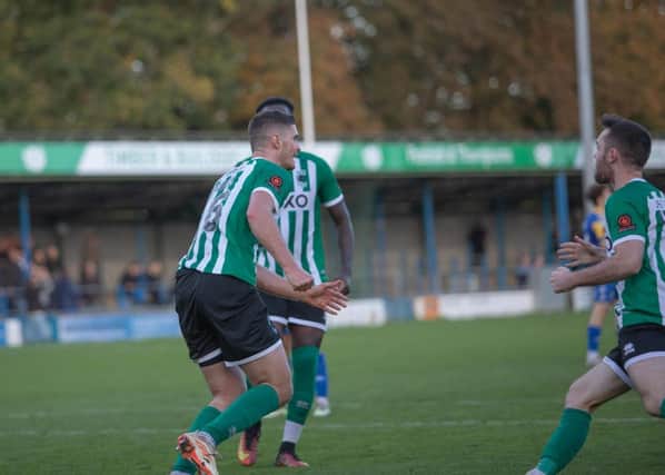 Elliot Forbes wheels away in celebration after scoring his first goal for Blyth Spartans. Picture: Paul Scott