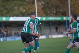 Elliot Forbes wheels away in celebration after scoring his first goal for Blyth Spartans. Picture: Paul Scott