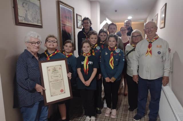 Madena Hedley with some of the 3rd Newbiggin Scouts.