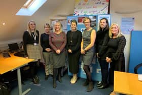 Members of the Northumberland Domestic Abuse Service team with Northumbria Police and Crime Commissioner Kim McGuinness (centre) during a pre-pandemic visit to its offices.