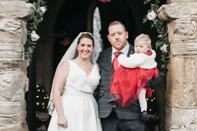 Hannah, Scott and daughter Robyne after their wedding in Whittingham. Picture: Tyla Fairbairn