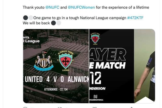 The tweet from Alnwick Ladies after the game.