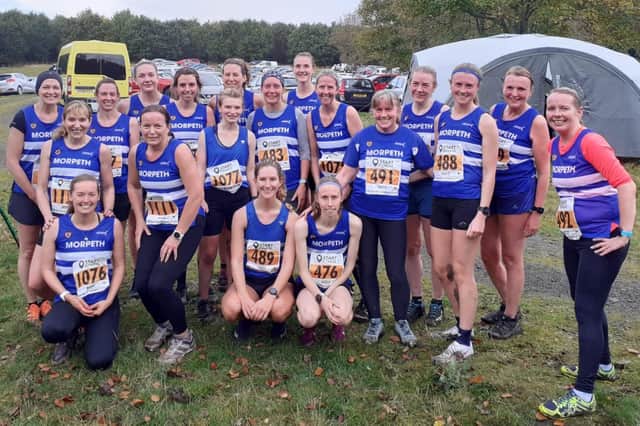 Morpeth women at Lambton Castle cross country with fastest of the day Cat Macdonald, 476, at front.